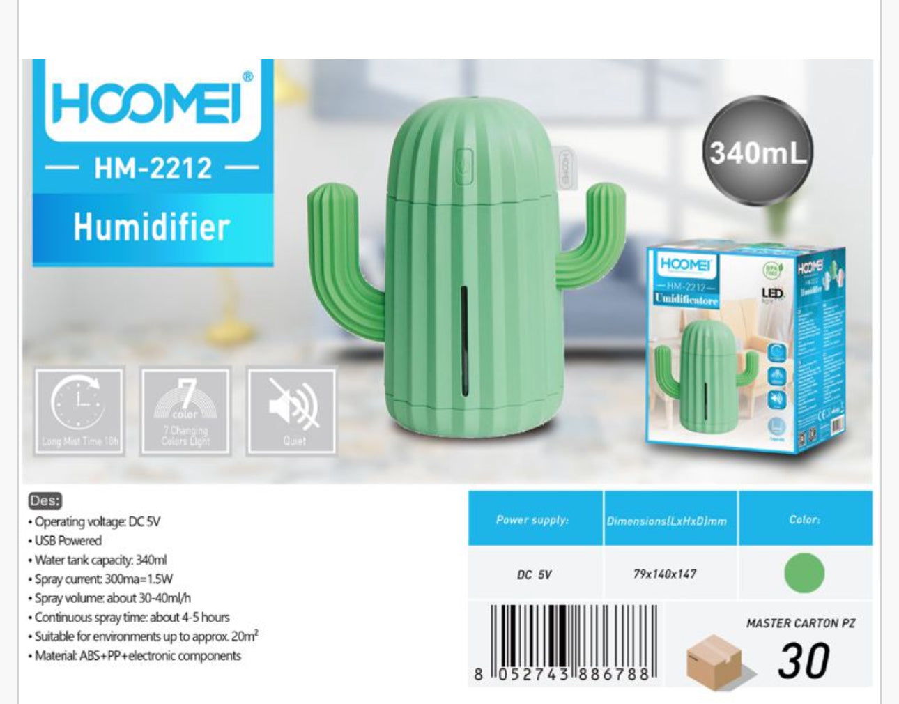 Umidificatore 5v 300ml forma Cactus