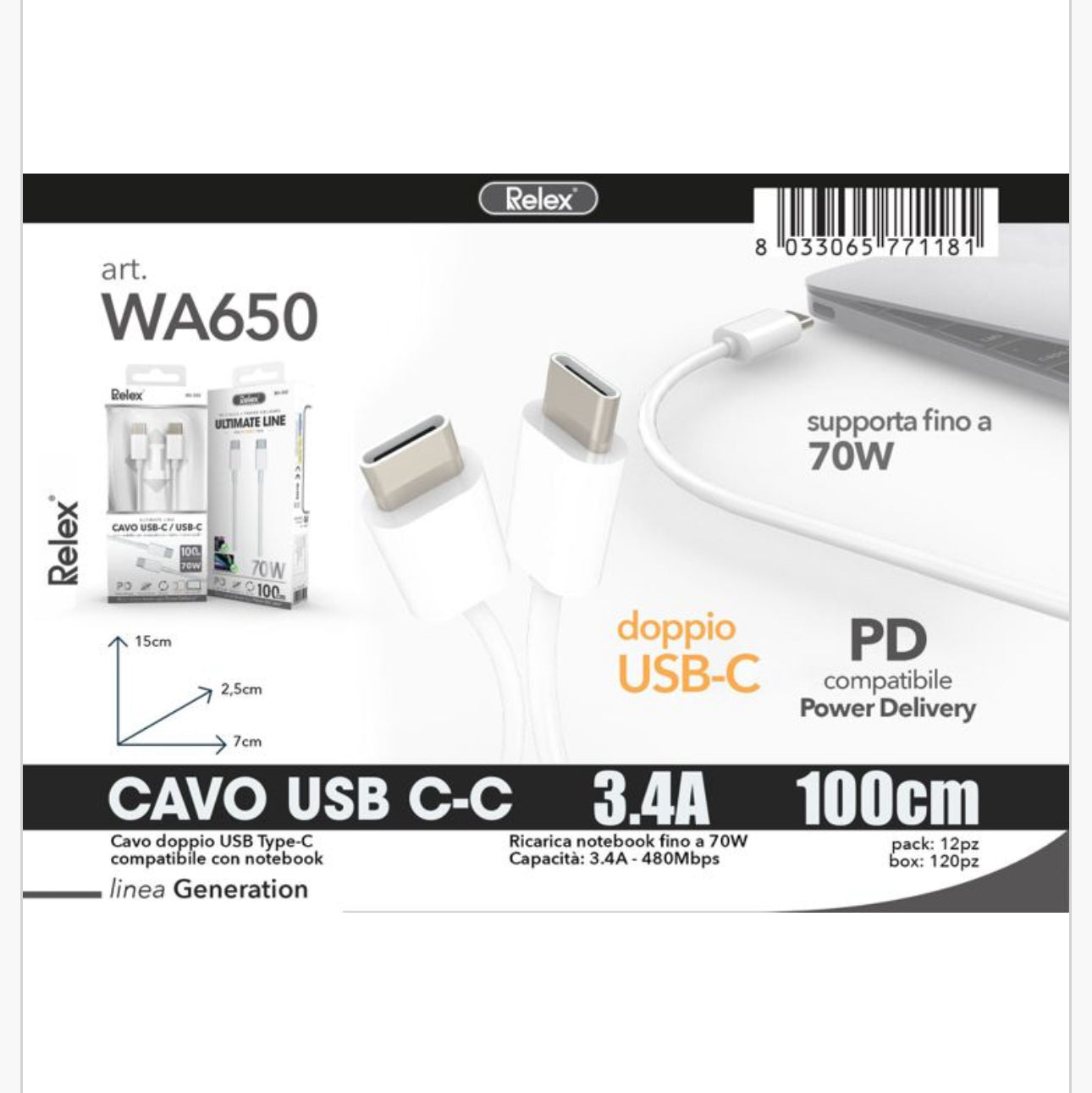 CAVO USB C- C 3.4A  100Cm Carica Rapida